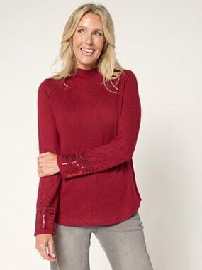 DG2 by Diane Gilman Mock-Neck Embellished Sleeve Knit Top - Size: Small - NIP